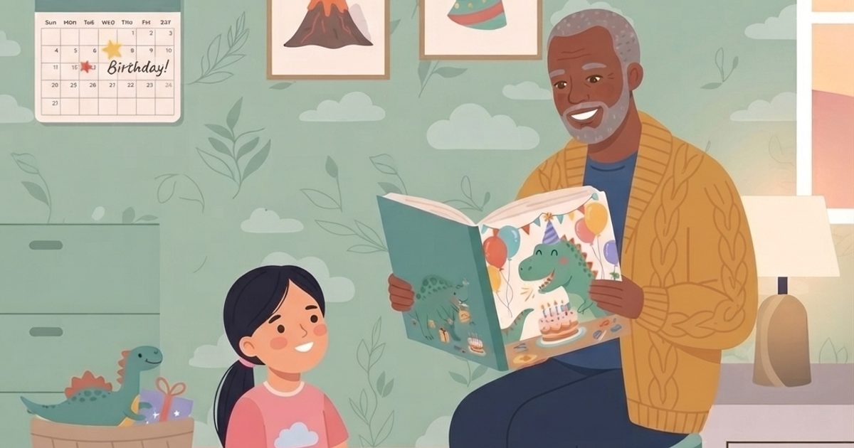 A flat vector illustration of a cozy, warm-toned bedroom. An older Black man with gray hair and a beard, wearing a yellow cable-knit cardigan, sits on a teal stool and holds an open children's book. A young girl with black hair in a ponytail, wearing a pink t-shirt, sits on a rug on the floor and looks up at the man with a smile. The open pages of the book show a cheerful illustration of a dinosaur at a birthday party with cake and balloons. Behind them, on a sage-green wall with a subtle leaf pattern, is a wall calendar with "Birthday!" text in English, a framed picture of a volcano, and a framed picture of a birthday hat. To the left, a basket contains dinosaur toys and a wrapped gift. To the right, a window shows a sunset, and a nightstand holds a lamp. The floor has a small car toy. The overall style is friendly and inviting.