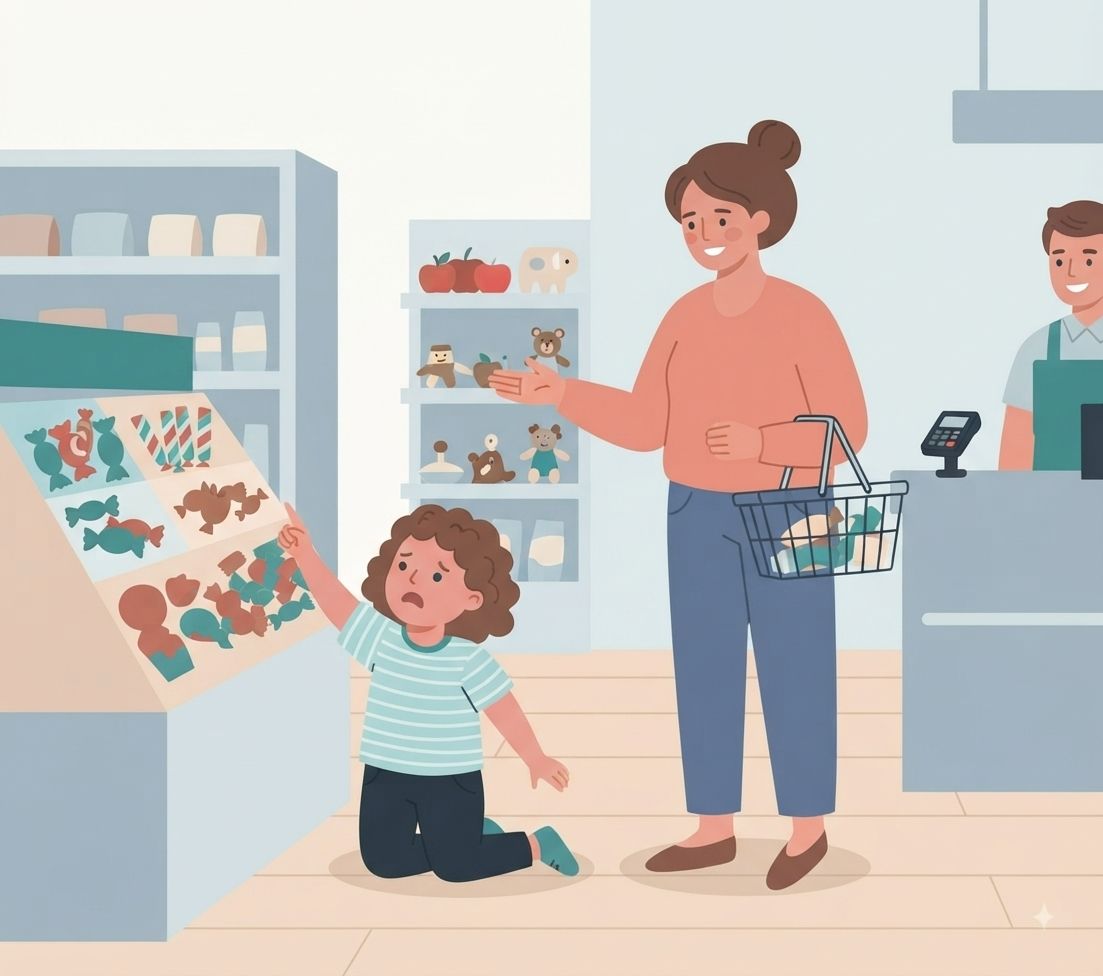 An illustrative vector scene in a grocery store. A young child with curly brown hair, wearing a striped shirt and dark pants, is kneeling on the light wood floor, crying and pointing towards a brightly colored candy display on a shelf. The mother, wearing a peach sweater and blue pants, stands behind the child, smiling gently and gesturing with her open hand. She holds a wire shopping basket containing a few items. Behind a checkout counter to the right, a male cashier in a blue apron is smiling. In the background, there are shelves stocked with various products and apples. The overall style is flat vector art with a muted color palette.