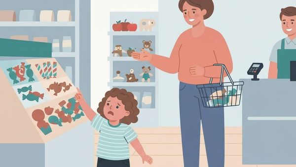 An illustrative vector scene in a grocery store. A young child with curly brown hair, wearing a striped shirt and dark pants, is kneeling on the light wood floor, crying and pointing towards a brightly colored candy display on a shelf. The mother, wearing a peach sweater and blue pants, stands behind the child, smiling gently and gesturing with her open hand. She holds a wire shopping basket containing a few items. Behind a checkout counter to the right, a male cashier in a blue apron is smiling. In the background, there are shelves stocked with various products and apples. The overall style is flat vector art with a muted color palette.