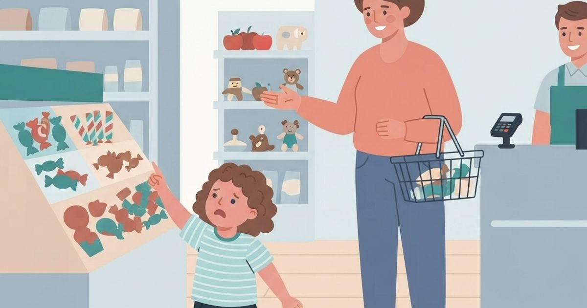 An illustrative vector scene in a grocery store. A young child with curly brown hair, wearing a striped shirt and dark pants, is kneeling on the light wood floor, crying and pointing towards a brightly colored candy display on a shelf. The mother, wearing a peach sweater and blue pants, stands behind the child, smiling gently and gesturing with her open hand. She holds a wire shopping basket containing a few items. Behind a checkout counter to the right, a male cashier in a blue apron is smiling. In the background, there are shelves stocked with various products and apples. The overall style is flat vector art with a muted color palette.