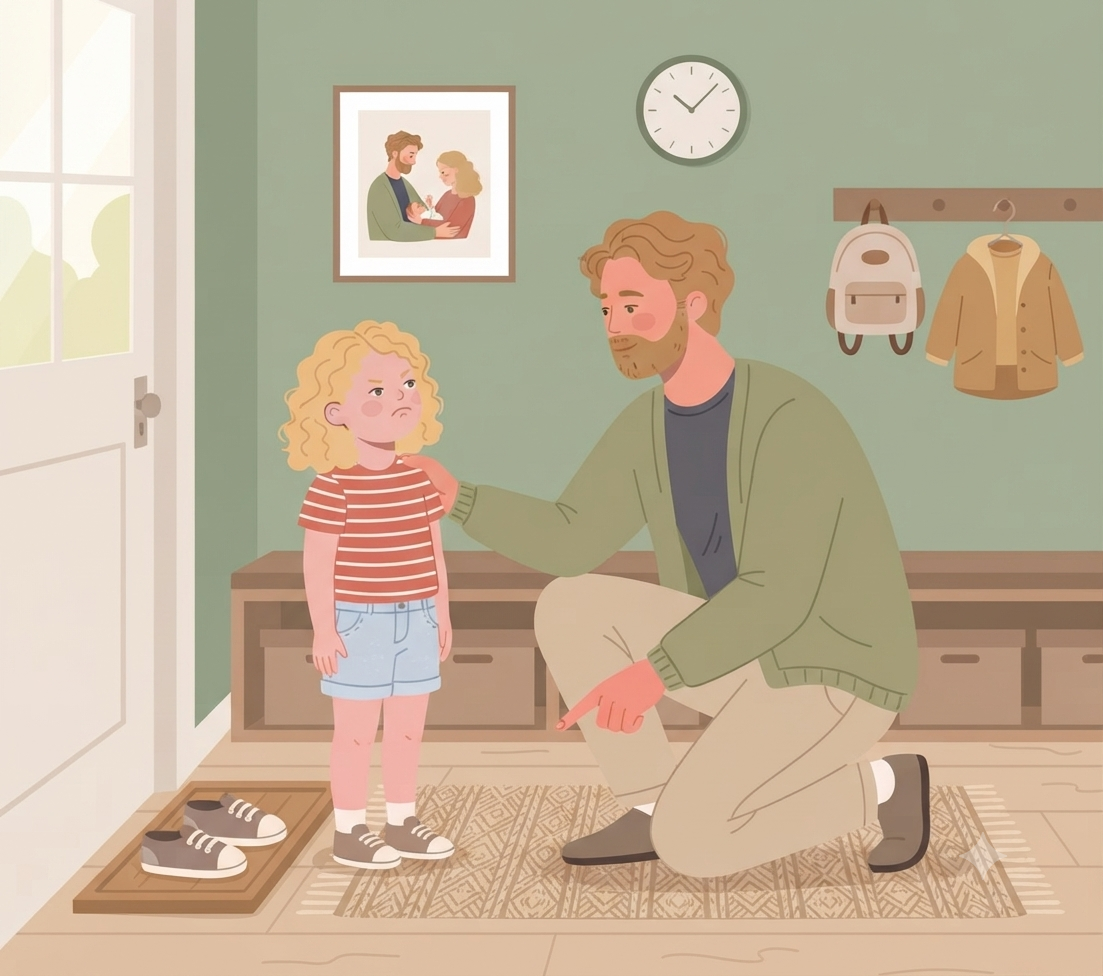 A flat vector illustration in a cozy, sunlit entryway depicts a bearded father in a sage-green cardigan kneeling down and pointing firmly but kindly at a pair of small gray sneakers on a wooden shoe rack. He is making eye contact with his young daughter, who has curly blonde hair and is standing with her arms crossed and a resistant, pouting expression, wearing a striped red and white t-shirt and light-wash denim shorts. The daughter's other sneakers are already on her feet. In the background, there is a white door with a window, a sage-green wall with a framed family portrait (a couple with a child) and an analog clock, a wooden bench with storage boxes below, and a coat rack with a small backpack and a puffer jacket. A patterned rug is on the light wood floor.