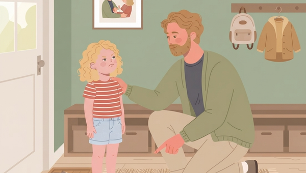 A flat vector illustration in a cozy, sunlit entryway depicts a bearded father in a sage-green cardigan kneeling down and pointing firmly but kindly at a pair of small gray sneakers on a wooden shoe rack. He is making eye contact with his young daughter, who has curly blonde hair and is standing with her arms crossed and a resistant, pouting expression, wearing a striped red and white t-shirt and light-wash denim shorts. The daughter's other sneakers are already on her feet. In the background, there is a white door with a window, a sage-green wall with a framed family portrait (a couple with a child) and an analog clock, a wooden bench with storage boxes below, and a coat rack with a small backpack and a puffer jacket. A patterned rug is on the light wood floor.