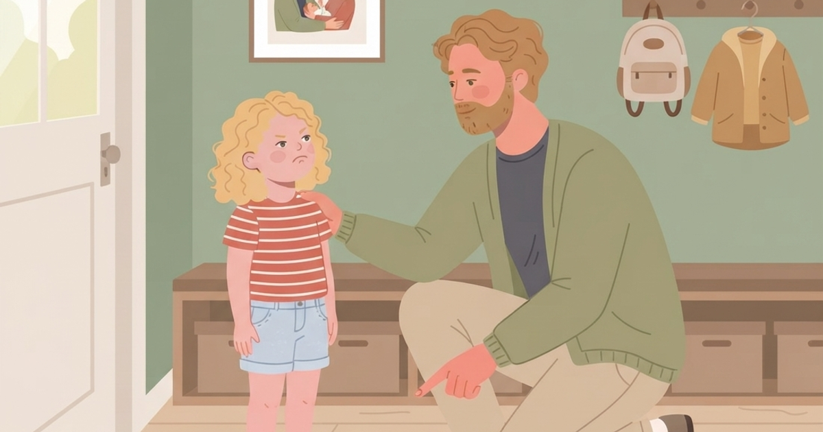A flat vector illustration in a cozy, sunlit entryway depicts a bearded father in a sage-green cardigan kneeling down and pointing firmly but kindly at a pair of small gray sneakers on a wooden shoe rack. He is making eye contact with his young daughter, who has curly blonde hair and is standing with her arms crossed and a resistant, pouting expression, wearing a striped red and white t-shirt and light-wash denim shorts. The daughter's other sneakers are already on her feet. In the background, there is a white door with a window, a sage-green wall with a framed family portrait (a couple with a child) and an analog clock, a wooden bench with storage boxes below, and a coat rack with a small backpack and a puffer jacket. A patterned rug is on the light wood floor.