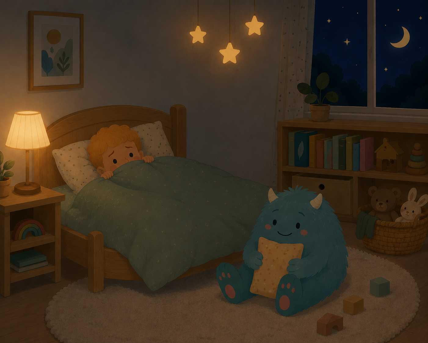 A young child lies tucked under a soft sage-green duvet in a cozy Scandinavian-style bedroom at night, peeking over the blanket with a worried expression. Beside the bed, a small fluffy teal monster with tiny horns sits peacefully on the rug, hugging a pillow with a gentle smile. Warm bedside lighting, glowing hanging star lights, wooden Montessori furniture, children's books, plush toys, and a moonlit window create a calm, comforting atmosphere that helps transform bedtime fears into feelings of safety and reassurance.
