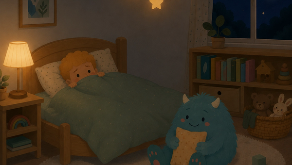 A young child lies tucked under a soft sage-green duvet in a cozy Scandinavian-style bedroom at night, peeking over the blanket with a worried expression. Beside the bed, a small fluffy teal monster with tiny horns sits peacefully on the rug, hugging a pillow with a gentle smile. Warm bedside lighting, glowing hanging star lights, wooden Montessori furniture, children's books, plush toys, and a moonlit window create a calm, comforting atmosphere that helps transform bedtime fears into feelings of safety and reassurance.