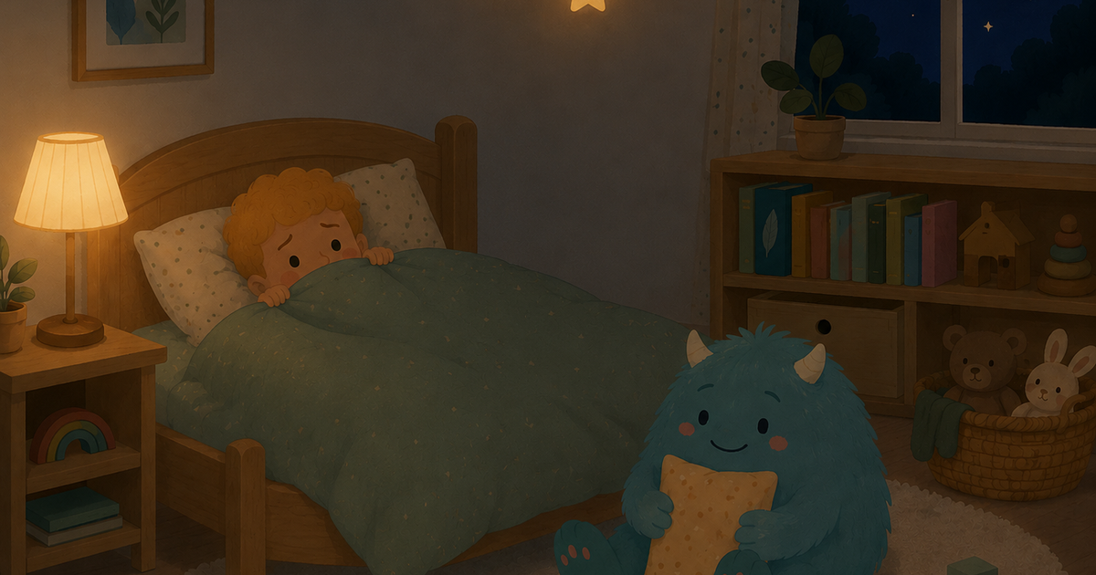 A young child lies tucked under a soft sage-green duvet in a cozy Scandinavian-style bedroom at night, peeking over the blanket with a worried expression. Beside the bed, a small fluffy teal monster with tiny horns sits peacefully on the rug, hugging a pillow with a gentle smile. Warm bedside lighting, glowing hanging star lights, wooden Montessori furniture, children's books, plush toys, and a moonlit window create a calm, comforting atmosphere that helps transform bedtime fears into feelings of safety and reassurance.