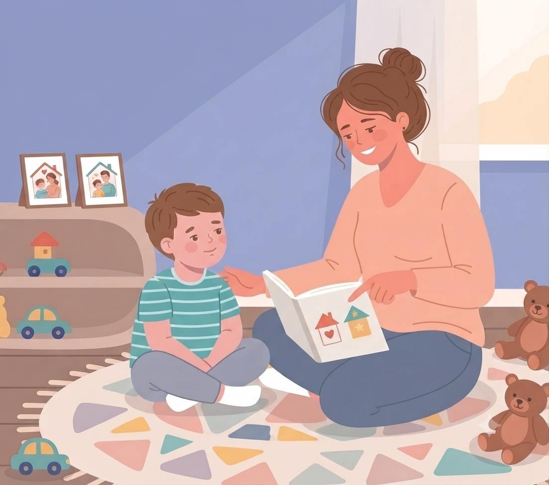 A warm, pastel-style illustration of a mother reading a picture book with her young son in a cozy playroom. The child sits cross-legged on a colorful rug, listening attentively while the mother points to the illustrations. Soft toys, wooden cars, family photos, and gentle evening light create a calm, comforting environment that encourages language development and parent-child bonding.