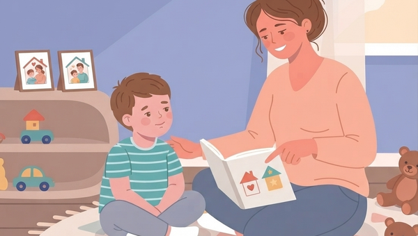 A warm, pastel-style illustration of a mother reading a picture book with her young son in a cozy playroom. The child sits cross-legged on a colorful rug, listening attentively while the mother points to the illustrations. Soft toys, wooden cars, family photos, and gentle evening light create a calm, comforting environment that encourages language development and parent-child bonding.