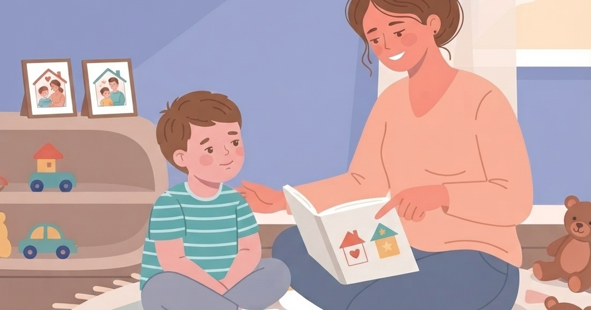 A warm, pastel-style illustration of a mother reading a picture book with her young son in a cozy playroom. The child sits cross-legged on a colorful rug, listening attentively while the mother points to the illustrations. Soft toys, wooden cars, family photos, and gentle evening light create a calm, comforting environment that encourages language development and parent-child bonding.