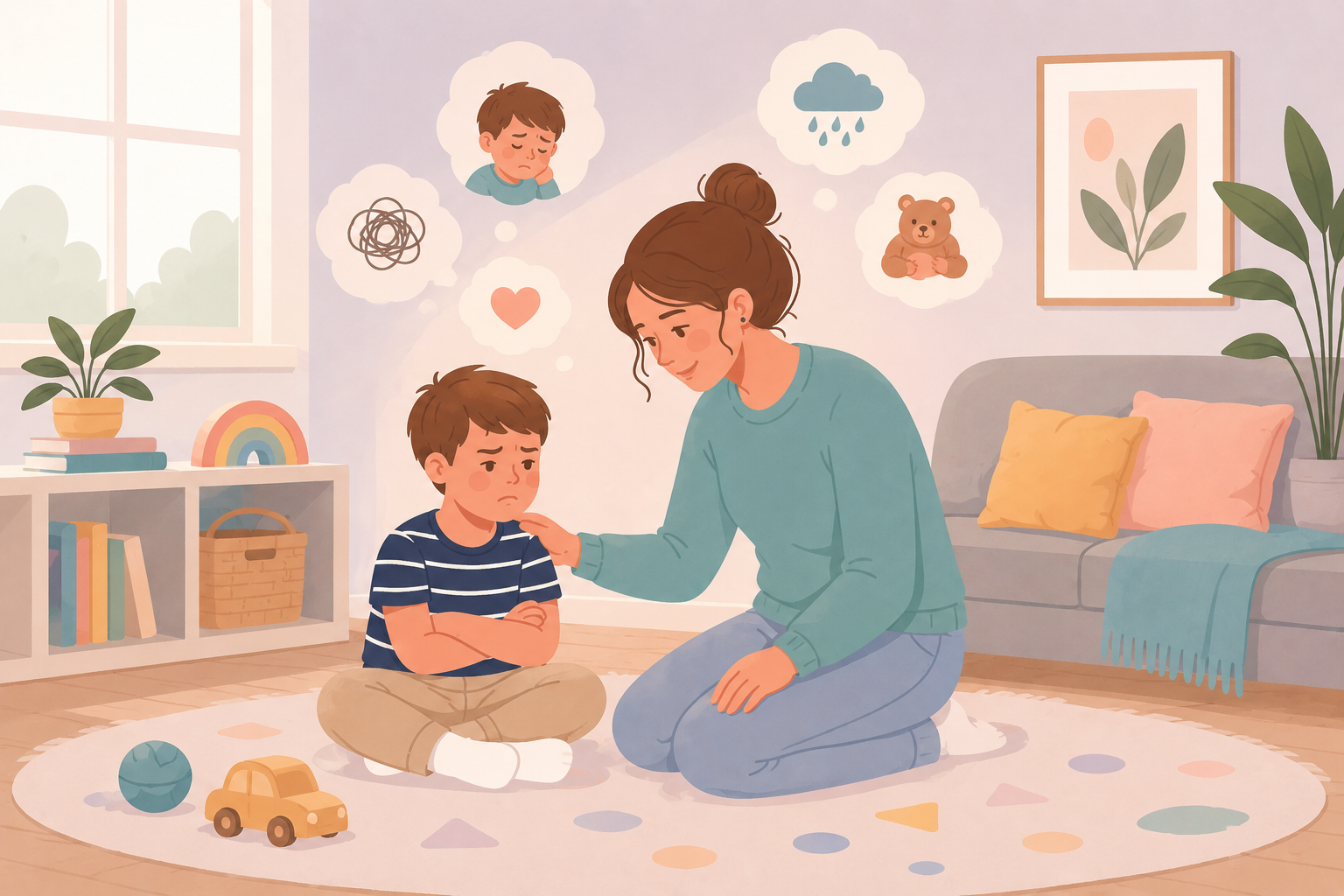 A warm, pastel-style illustration of a mother kneeling beside her upset young son in a cozy playroom. The child sits with crossed arms and a sad expression while the mother gently places a reassuring hand on his shoulder. Thought bubbles showing emotions and comforting symbols represent understanding the feelings behind a child's behavior. The calm, child-friendly room features soft lighting, toys, books, plants, and a comfortable family space, emphasizing empathy, emotional regulation, and gentle parenting.