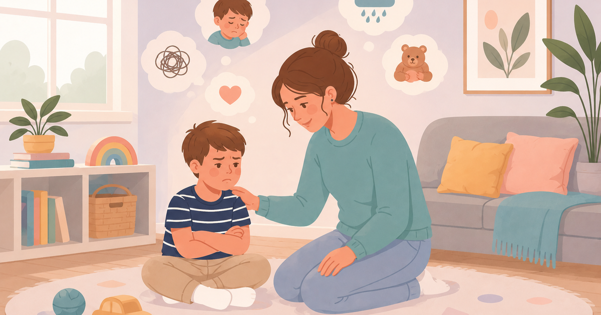 A warm, pastel-style illustration of a mother kneeling beside her upset young son in a cozy playroom. The child sits with crossed arms and a sad expression while the mother gently places a reassuring hand on his shoulder. Thought bubbles showing emotions and comforting symbols represent understanding the feelings behind a child's behavior. The calm, child-friendly room features soft lighting, toys, books, plants, and a comfortable family space, emphasizing empathy, emotional regulation, and gentle parenting.