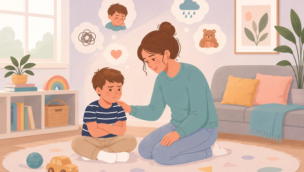 A warm, pastel-style illustration of a mother kneeling beside her upset young son in a cozy playroom. The child sits with crossed arms and a sad expression while the mother gently places a reassuring hand on his shoulder. Thought bubbles showing emotions and comforting symbols represent understanding the feelings behind a child's behavior. The calm, child-friendly room features soft lighting, toys, books, plants, and a comfortable family space, emphasizing empathy, emotional regulation, and gentle parenting.