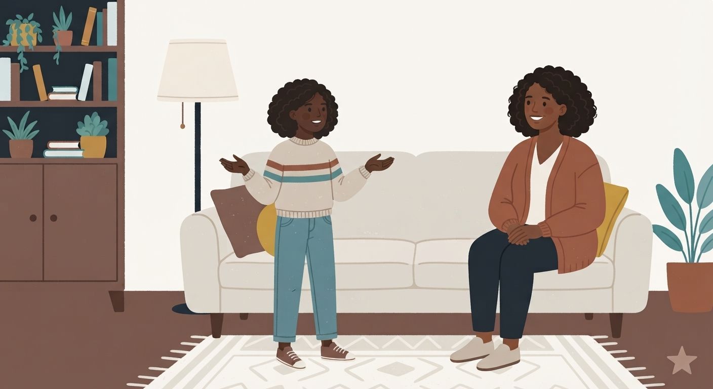 An illustration in a flat, cozy vector art style depicting a mother and daughter in a warmly lit living room. On the left, the daughter, a young Black girl with curly hair wearing a striped sweater and blue jeans, stands facing the mother, gesturing with both hands in an explanatory or conversational pose. She has a cheerful, engaging expression. On the right, the mother, a Black woman with textured curly hair wearing a brown cardigan and dark pants, sits comfortably on a cream-colored sofa, smiling warmly and listening intently with her hands clasped. The background features a tall bookshelf filled with books and potted plants, a floor lamp with a cream shade, a large potted plant on the floor, a patterned rug, and cushions on the sofa. The overall color palette is composed of warm, muted tones: creams, terracottas, deep browns, and teals. The lighting is soft and domestic.