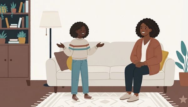 An illustration in a flat, cozy vector art style depicting a mother and daughter in a warmly lit living room. On the left, the daughter, a young Black girl with curly hair wearing a striped sweater and blue jeans, stands facing the mother, gesturing with both hands in an explanatory or conversational pose. She has a cheerful, engaging expression. On the right, the mother, a Black woman with textured curly hair wearing a brown cardigan and dark pants, sits comfortably on a cream-colored sofa, smiling warmly and listening intently with her hands clasped. The background features a tall bookshelf filled with books and potted plants, a floor lamp with a cream shade, a large potted plant on the floor, a patterned rug, and cushions on the sofa. The overall color palette is composed of warm, muted tones: creams, terracottas, deep browns, and teals. The lighting is soft and domestic.