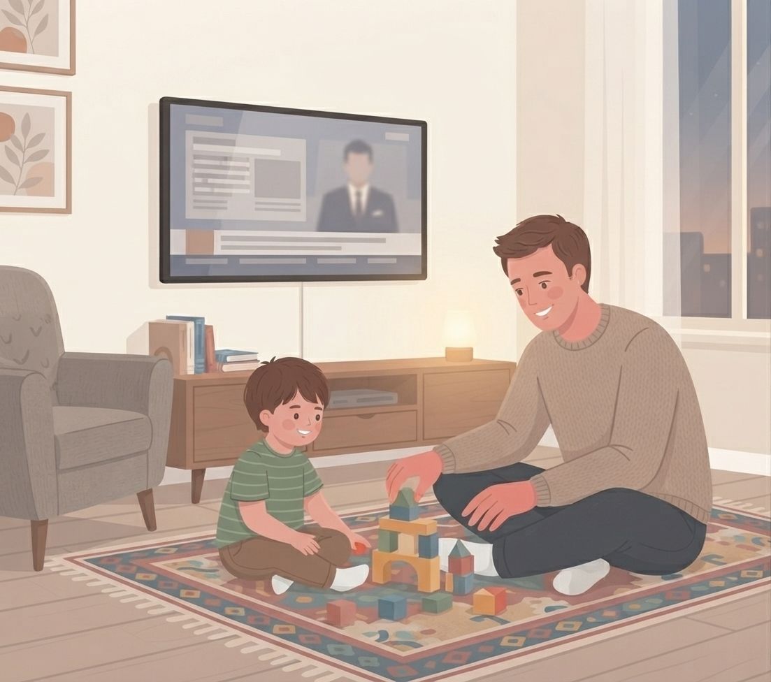 An illustration in a warm, muted vector art style depicting a father and his young son playing with wooden blocks on a patterned rug in a cozy living room. The father, a man with short brown hair wearing a beige sweater, sits cross-legged on the rug, actively placing a block on a small tower. The son, a young boy with brown hair wearing a green striped shirt and brown pants, sits opposite him, smiling and reaching for a block. In the background, mounted on a clean wall, is a large flat-screen TV displaying a news program with a blurred male anchor. Below the TV is a wooden media console with a few books and a small, glowing lamp. To the left, a grey armchair and two framed botanical prints are visible. To the right, a large window shows a soft twilight city view. The entire scene has a clean, flat-color look with soft, diffused light.