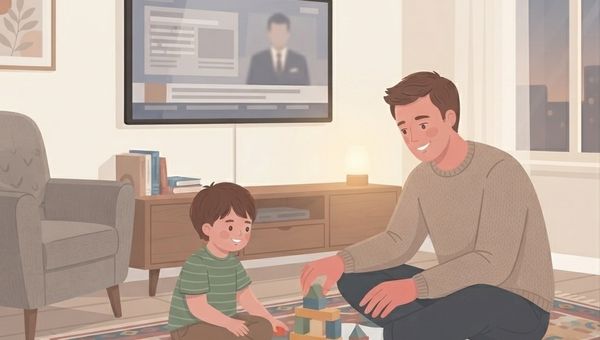 An illustration in a warm, muted vector art style depicting a father and his young son playing with wooden blocks on a patterned rug in a cozy living room. The father, a man with short brown hair wearing a beige sweater, sits cross-legged on the rug, actively placing a block on a small tower. The son, a young boy with brown hair wearing a green striped shirt and brown pants, sits opposite him, smiling and reaching for a block. In the background, mounted on a clean wall, is a large flat-screen TV displaying a news program with a blurred male anchor. Below the TV is a wooden media console with a few books and a small, glowing lamp. To the left, a grey armchair and two framed botanical prints are visible. To the right, a large window shows a soft twilight city view. The entire scene has a clean, flat-color look with soft, diffused light.