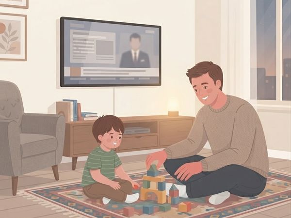 An illustration in a warm, muted vector art style depicting a father and his young son playing with wooden blocks on a patterned rug in a cozy living room. The father, a man with short brown hair wearing a beige sweater, sits cross-legged on the rug, actively placing a block on a small tower. The son, a young boy with brown hair wearing a green striped shirt and brown pants, sits opposite him, smiling and reaching for a block. In the background, mounted on a clean wall, is a large flat-screen TV displaying a news program with a blurred male anchor. Below the TV is a wooden media console with a few books and a small, glowing lamp. To the left, a grey armchair and two framed botanical prints are visible. To the right, a large window shows a soft twilight city view. The entire scene has a clean, flat-color look with soft, diffused light.