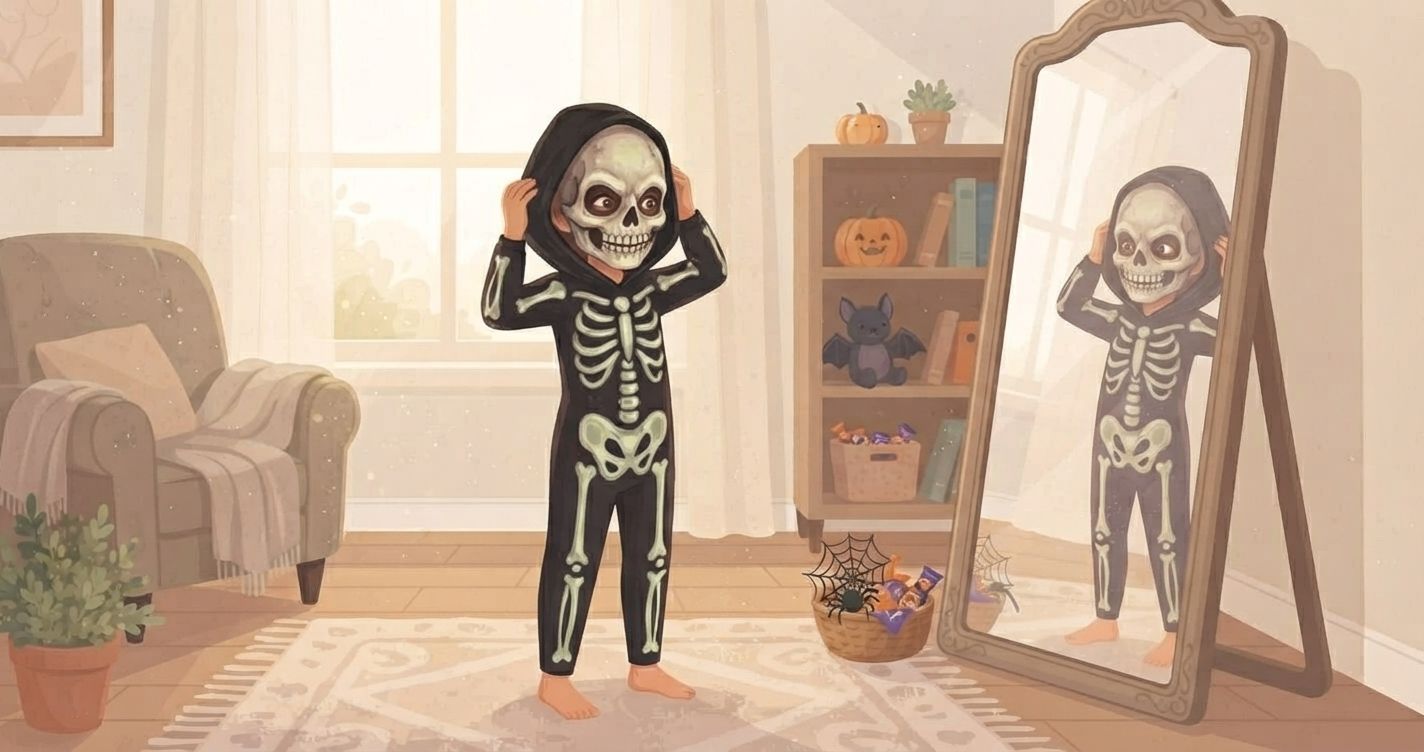 An illustration of a child dressed in a black skeleton costume with a white bone pattern and a matching skeleton mask, standing in a cozy, sun-drenched living room. The child, with bare feet, is adjusting the hood of the mask and looking at their reflection in a large, ornate floor mirror to their right. The room features a comfortable armchair with a throw blanket, a bookshelf with Halloween decorations like pumpkins and a bat, and a basket of goodies including a spiderweb and candy. The art style is soft, warm, and illustrative.