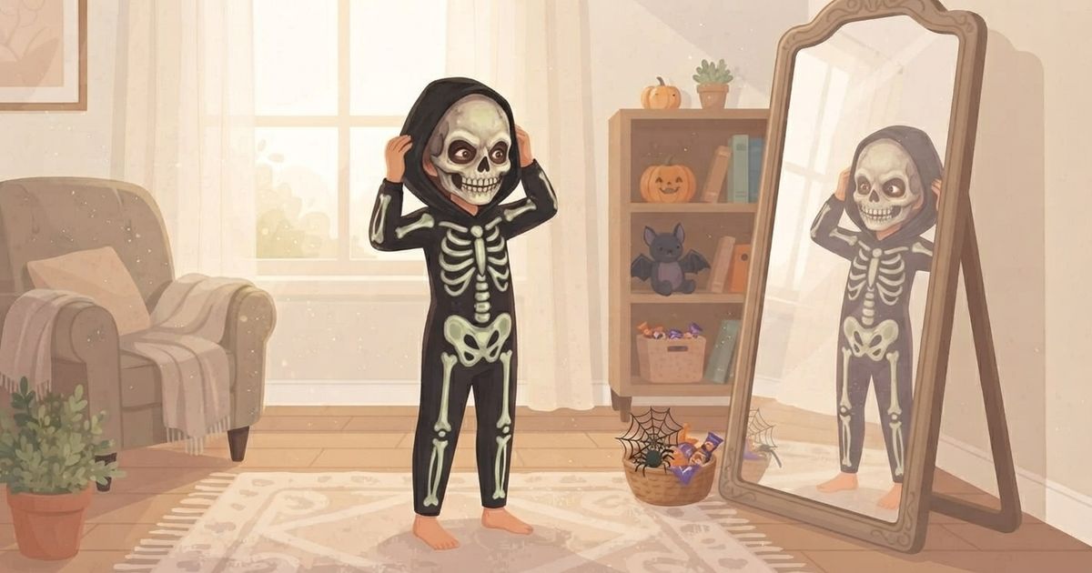 An illustration of a child dressed in a black skeleton costume with a white bone pattern and a matching skeleton mask, standing in a cozy, sun-drenched living room. The child, with bare feet, is adjusting the hood of the mask and looking at their reflection in a large, ornate floor mirror to their right. The room features a comfortable armchair with a throw blanket, a bookshelf with Halloween decorations like pumpkins and a bat, and a basket of goodies including a spiderweb and candy. The art style is soft, warm, and illustrative.