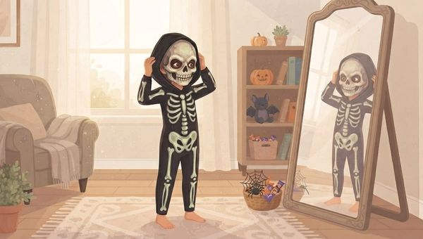 An illustration of a child dressed in a black skeleton costume with a white bone pattern and a matching skeleton mask, standing in a cozy, sun-drenched living room. The child, with bare feet, is adjusting the hood of the mask and looking at their reflection in a large, ornate floor mirror to their right. The room features a comfortable armchair with a throw blanket, a bookshelf with Halloween decorations like pumpkins and a bat, and a basket of goodies including a spiderweb and candy. The art style is soft, warm, and illustrative.