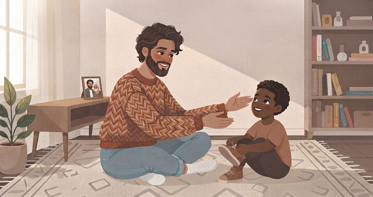 An illustrated interior scene of a cozy living room in a warm, muted color palette. A father with curly dark hair and a beard sits cross-legged on a patterned rug, looking lovingly and smiling at his young son. The son is sitting nearby on the floor, holding and putting on his shoes, looking up at his father with a happy expression. The background features a sofa table with a framed family photo, a potted plant, a bookshelf filled with books, and a window letting in soft light. The style is a flat vector illustration
