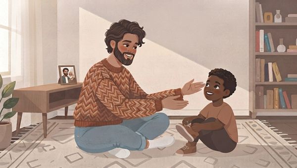 An illustrated interior scene of a cozy living room in a warm, muted color palette. A father with curly dark hair and a beard sits cross-legged on a patterned rug, looking lovingly and smiling at his young son. The son is sitting nearby on the floor, holding and putting on his shoes, looking up at his father with a happy expression. The background features a sofa table with a framed family photo, a potted plant, a bookshelf filled with books, and a window letting in soft light. The style is a flat vector illustration