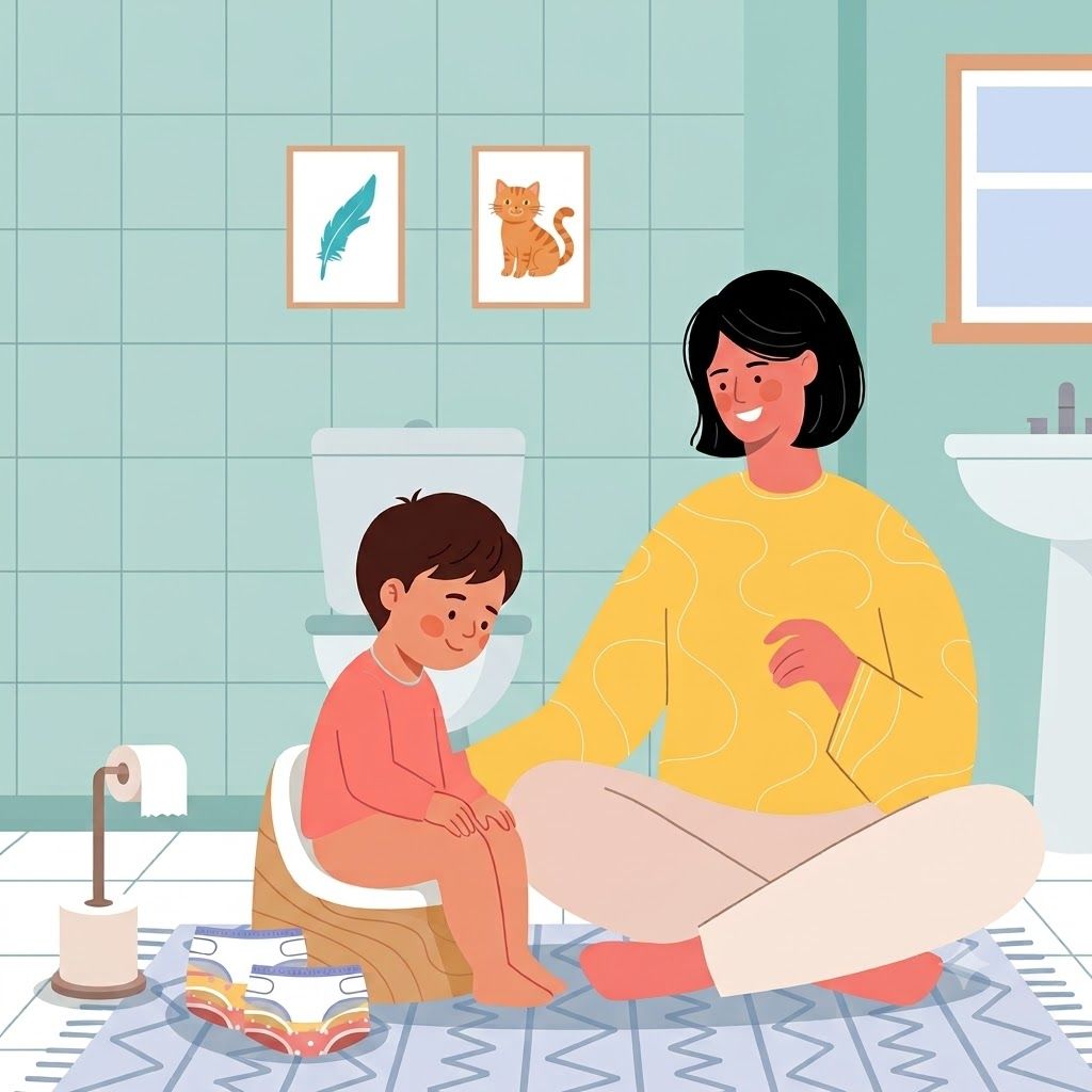 Parent gently supporting a toddler during potty training in a cozy bathroom, illustrating a child-led potty training approach.