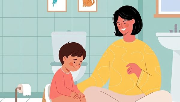 Parent gently supporting a toddler during potty training in a cozy bathroom, illustrating a child-led potty training approach.