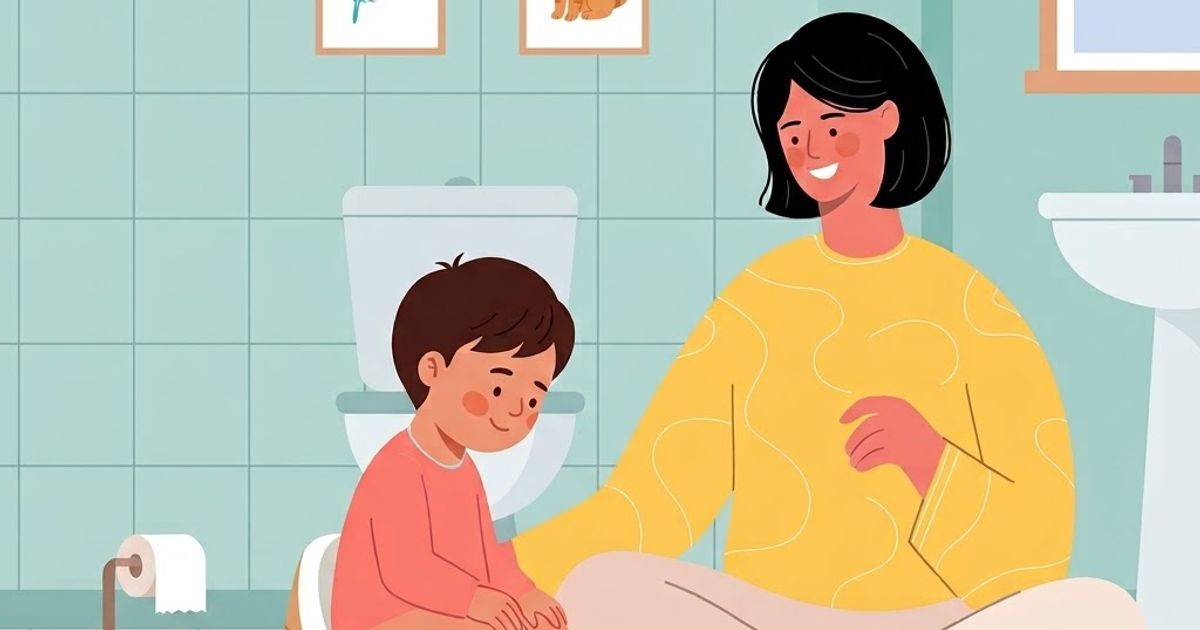Parent gently supporting a toddler during potty training in a cozy bathroom, illustrating a child-led potty training approach.
