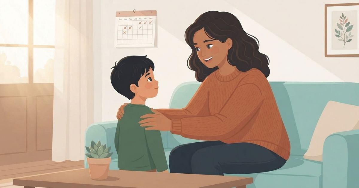 An illustration in a cozy, sunlit living room shows a mother kneeling or sitting slightly behind a young boy, gently placing both hands reassuringly on his shoulders. The mother, with dark wavy hair and a rust-colored knit sweater, looks down at him with a warm, reassuring smile. The young boy, with short dark hair and a green long-sleeved shirt, stands facing her, looking up at her with a calm expression. They are positioned in front of a soft teal sofa. On the wall behind them, a simple calendar hangs, and a framed botanical art print is visible. In the foreground, a wooden coffee table holds a small potted succulent. Soft natural light streams in from a window on the left, creating a warm, comforting atmosphere. The illustration style is flat, modern, and cozy.