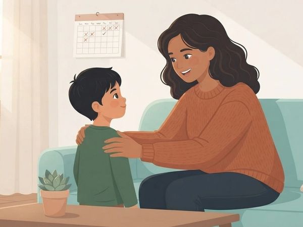 An illustration in a cozy, sunlit living room shows a mother kneeling or sitting slightly behind a young boy, gently placing both hands reassuringly on his shoulders. The mother, with dark wavy hair and a rust-colored knit sweater, looks down at him with a warm, reassuring smile. The young boy, with short dark hair and a green long-sleeved shirt, stands facing her, looking up at her with a calm expression. They are positioned in front of a soft teal sofa. On the wall behind them, a simple calendar hangs, and a framed botanical art print is visible. In the foreground, a wooden coffee table holds a small potted succulent. Soft natural light streams in from a window on the left, creating a warm, comforting atmosphere. The illustration style is flat, modern, and cozy.
