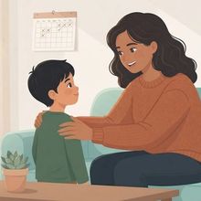 An illustration in a cozy, sunlit living room shows a mother kneeling or sitting slightly behind a young boy, gently placing both hands reassuringly on his shoulders. The mother, with dark wavy hair and a rust-colored knit sweater, looks down at him with a warm, reassuring smile. The young boy, with short dark hair and a green long-sleeved shirt, stands facing her, looking up at her with a calm expression. They are positioned in front of a soft teal sofa. On the wall behind them, a simple calendar hangs, and a framed botanical art print is visible. In the foreground, a wooden coffee table holds a small potted succulent. Soft natural light streams in from a window on the left, creating a warm, comforting atmosphere. The illustration style is flat, modern, and cozy.