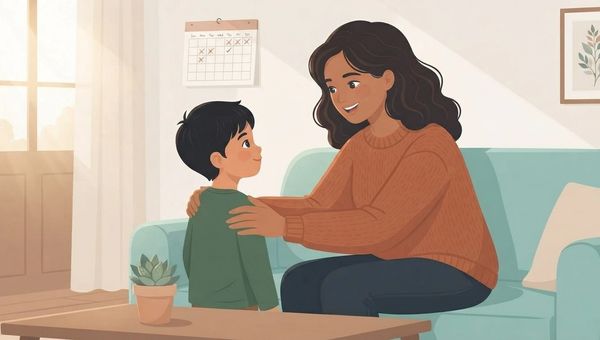 An illustration in a cozy, sunlit living room shows a mother kneeling or sitting slightly behind a young boy, gently placing both hands reassuringly on his shoulders. The mother, with dark wavy hair and a rust-colored knit sweater, looks down at him with a warm, reassuring smile. The young boy, with short dark hair and a green long-sleeved shirt, stands facing her, looking up at her with a calm expression. They are positioned in front of a soft teal sofa. On the wall behind them, a simple calendar hangs, and a framed botanical art print is visible. In the foreground, a wooden coffee table holds a small potted succulent. Soft natural light streams in from a window on the left, creating a warm, comforting atmosphere. The illustration style is flat, modern, and cozy.