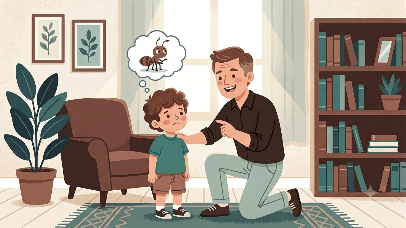 A young child stands in a cozy living room looking worried or upset. Above the child's head is a thought bubble showing an ant, suggesting the child is thinking about or concerned about an ant.  Next to the child, an adult kneels down, gently placing a hand on the child's shoulder while pointing with the other hand, appearing to explain something, offer reassurance, or provide guidance.  The room is bright and welcoming, with a large window, an armchair, potted plants, framed botanical artwork, and a bookshelf filled with books, creating a calm and supportive home environment.