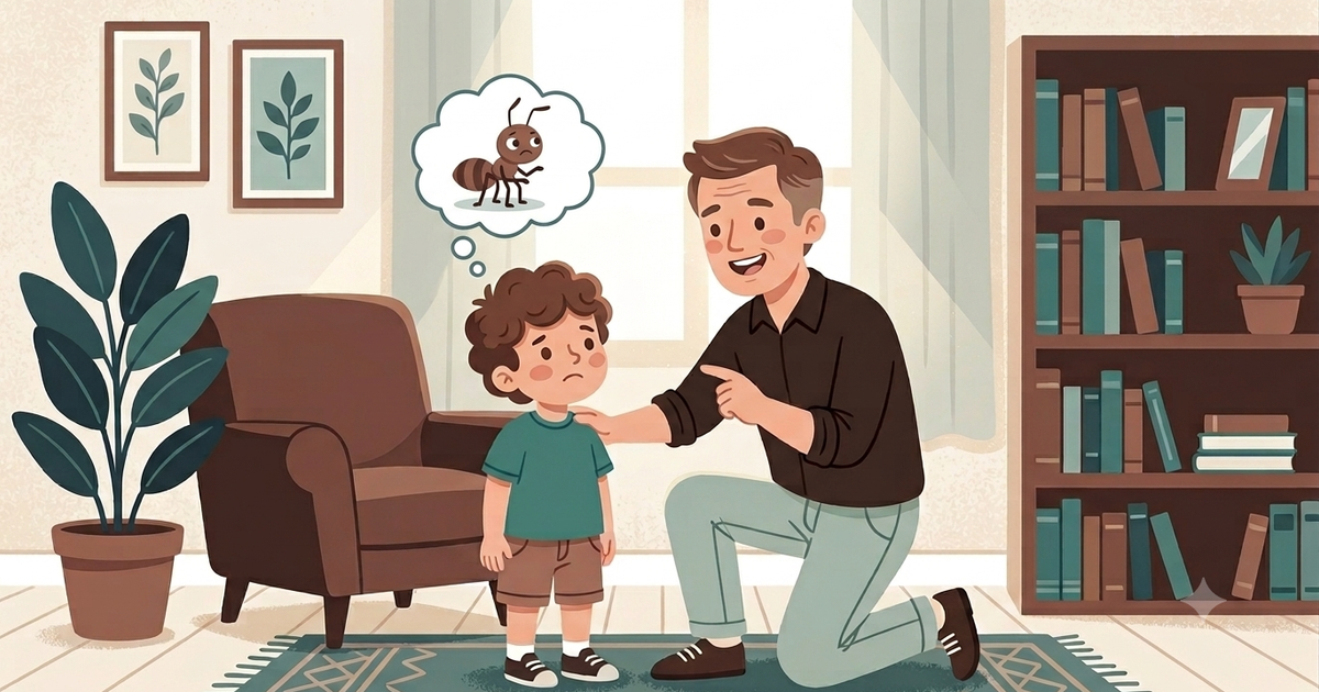 A young child stands in a cozy living room looking worried or upset. Above the child's head is a thought bubble showing an ant, suggesting the child is thinking about or concerned about an ant. Next to the child, an adult kneels down, gently placing a hand on the child's shoulder while pointing with the other hand, appearing to explain something, offer reassurance, or provide guidance. The room is bright and welcoming, with a large window, an armchair, potted plants, framed botanical artwork, and a bookshelf filled with books, creating a calm and supportive home environment.