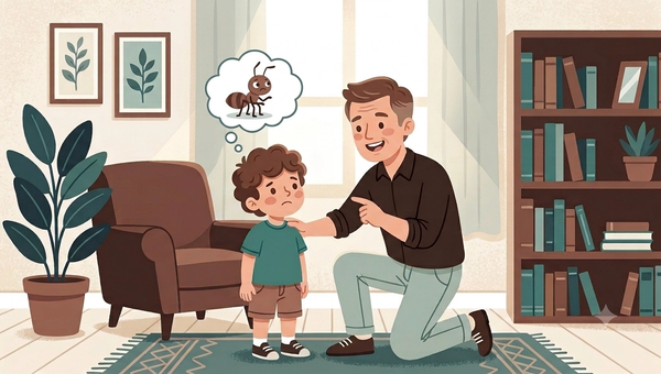 A young child stands in a cozy living room looking worried or upset. Above the child's head is a thought bubble showing an ant, suggesting the child is thinking about or concerned about an ant. Next to the child, an adult kneels down, gently placing a hand on the child's shoulder while pointing with the other hand, appearing to explain something, offer reassurance, or provide guidance. The room is bright and welcoming, with a large window, an armchair, potted plants, framed botanical artwork, and a bookshelf filled with books, creating a calm and supportive home environment.
