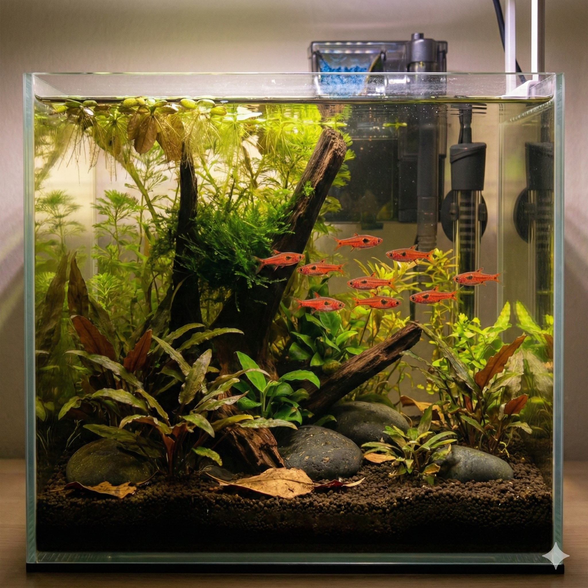A wide-angle photograph of a 20-liter nano aquarium containing 10 small, vibrant reddish-orange Phoenix Rasboras (Boraras merah) schooling amongst driftwood, river stones, and lush green aquatic plants like Anubias and moss. The tank has a dark soil substrate with leaf litter and is lit by an LED fixture. A filter and heater are visible.