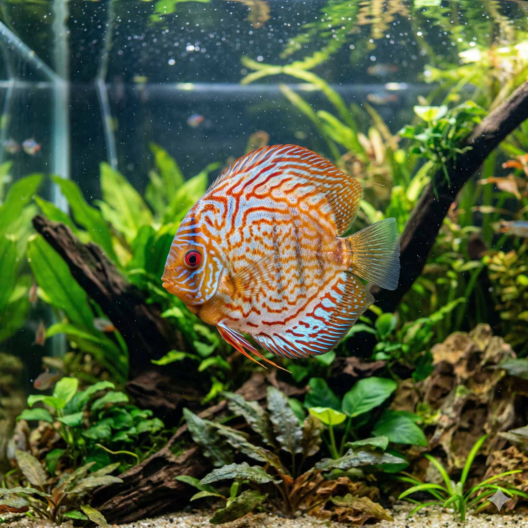 A dynamic small school of identical Blue Turquoise Discus fish, with the specific electric blue and turquoise patterns, vertical dark bars, and extended fin edges, swim dynamically right across the sprawling aquascape of extended driftwood structures, large river stones, and expansive clusters of various aquatic plants, maintaining the same realistic look.