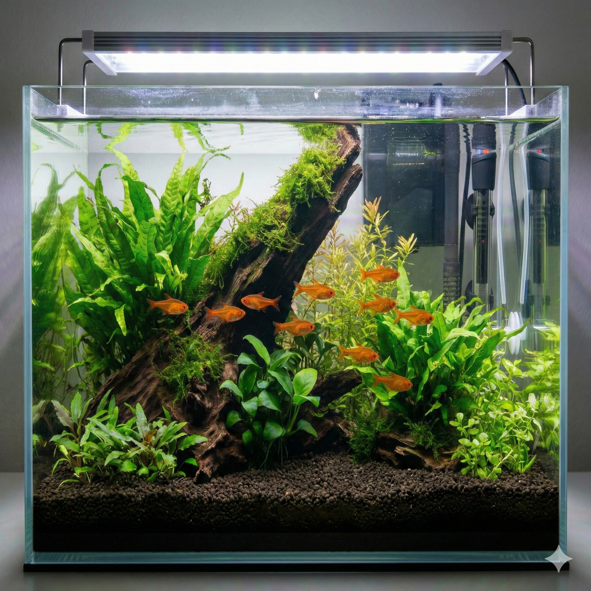 A wide-angle photograph of a 20-liter nature aquarium with a school of 10 small, bright orange Ember Tetras swimming amongst moss-covered driftwood and lush green aquatic plants like Java Fern and Anubias. A filter and heater are visible in the background.