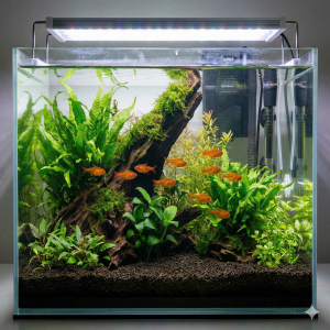 A wide-angle photograph of a 20-liter nature aquarium with a school of 10 small, bright orange Ember Tetras swimming amongst moss-covered driftwood and lush green aquatic plants like Java Fern and Anubias. A filter and heater are visible in the background.