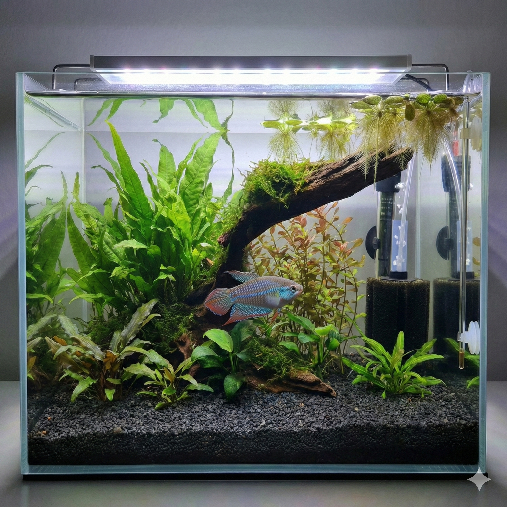 A wide-angle photograph of a 20-liter nano aquarium containing a single, iridescent Sparkling Gourami swimming amongst a large piece of driftwood and lush green aquatic plants like Java Fern and Anubias. The tank has a dark gravel substrate and is lit by an LED fixture. A sponge filter and heater are visible in the background.