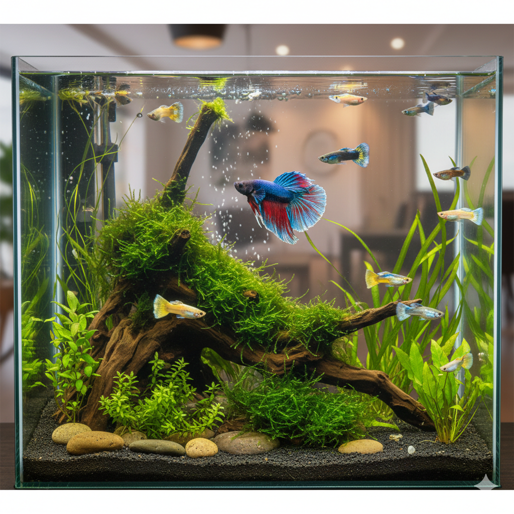 Planted freshwater aquarium sitting on a dark surface. The centerpiece is a vibrant Betta fish with a blue body and red fins, surrounded by several smaller, colorful guppies. The aquascape features a prominent piece of driftwood covered in green moss, tall aquatic grass in the background, and small leafy plants on a dark gravel substrate with smooth stones. The background shows a blurred, modern living room with warm lighting.