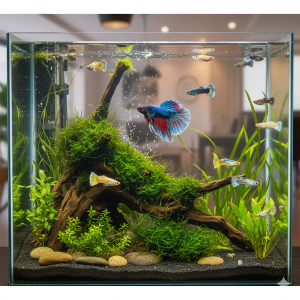 Planted freshwater aquarium sitting on a dark surface. The centerpiece is a vibrant Betta fish with a blue body and red fins, surrounded by several smaller, colorful guppies. The aquascape features a prominent piece of driftwood covered in green moss, tall aquatic grass in the background, and small leafy plants on a dark gravel substrate with smooth stones. The background shows a blurred, modern living room with warm lighting.