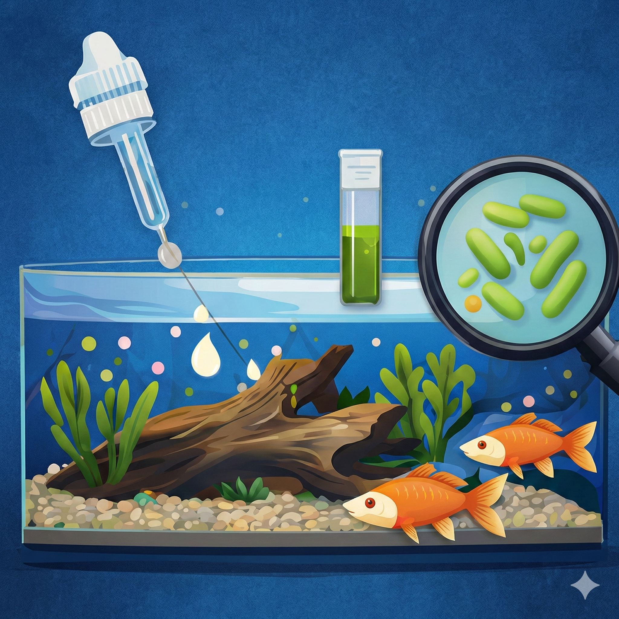 Wide illustration showing the aquarium cycling process with ammonia dosing, water test tubes and chart, and beneficial bacteria, highlighting nitrite and nitrate stages.
