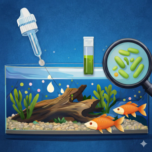 Wide illustration showing the aquarium cycling process with ammonia dosing, water test tubes and chart, and beneficial bacteria, highlighting nitrite and nitrate stages.