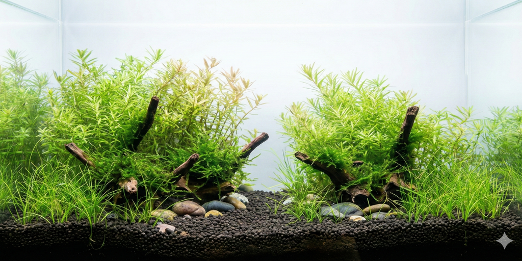 A wide, seamless panoramic background image of a planted aquarium aquascape featuring small driftwood pieces covered in moss, surrounded by clusters of fine-leaved green aquatic plants and a dark soil substrate with river stones. The water column is clear, with no fish or equipment visible.