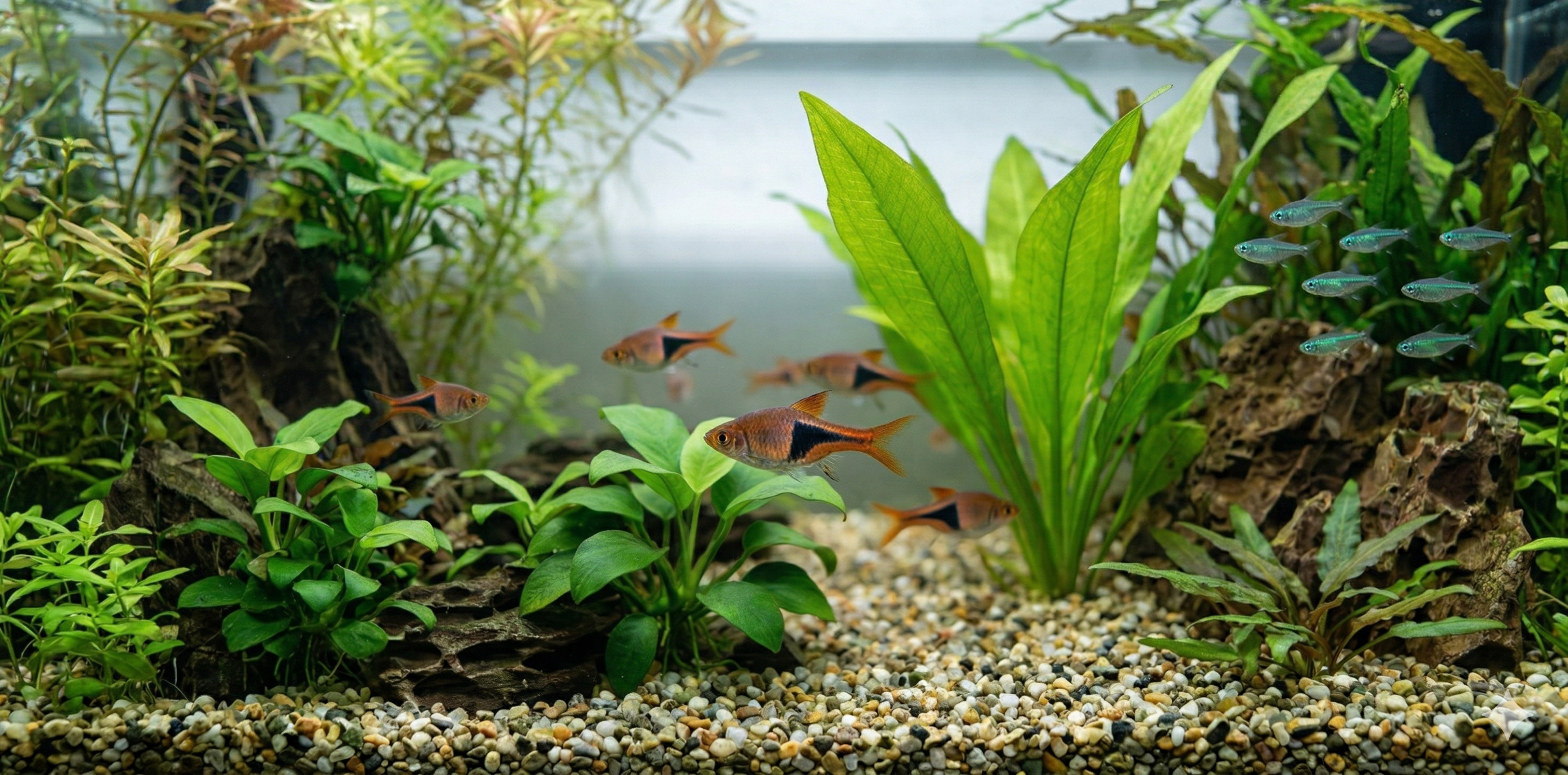 Wide panoramic view of a densely planted aquarium floor with a school of Harlequin rasboras near Anubias.