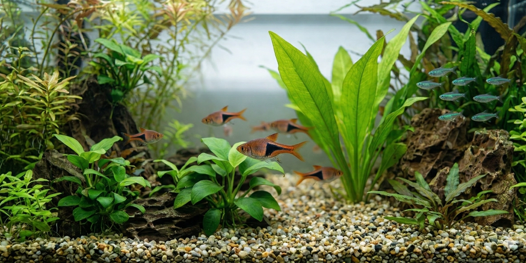 Wide panoramic view of a densely planted aquarium floor with a school of Harlequin rasboras near Anubias.