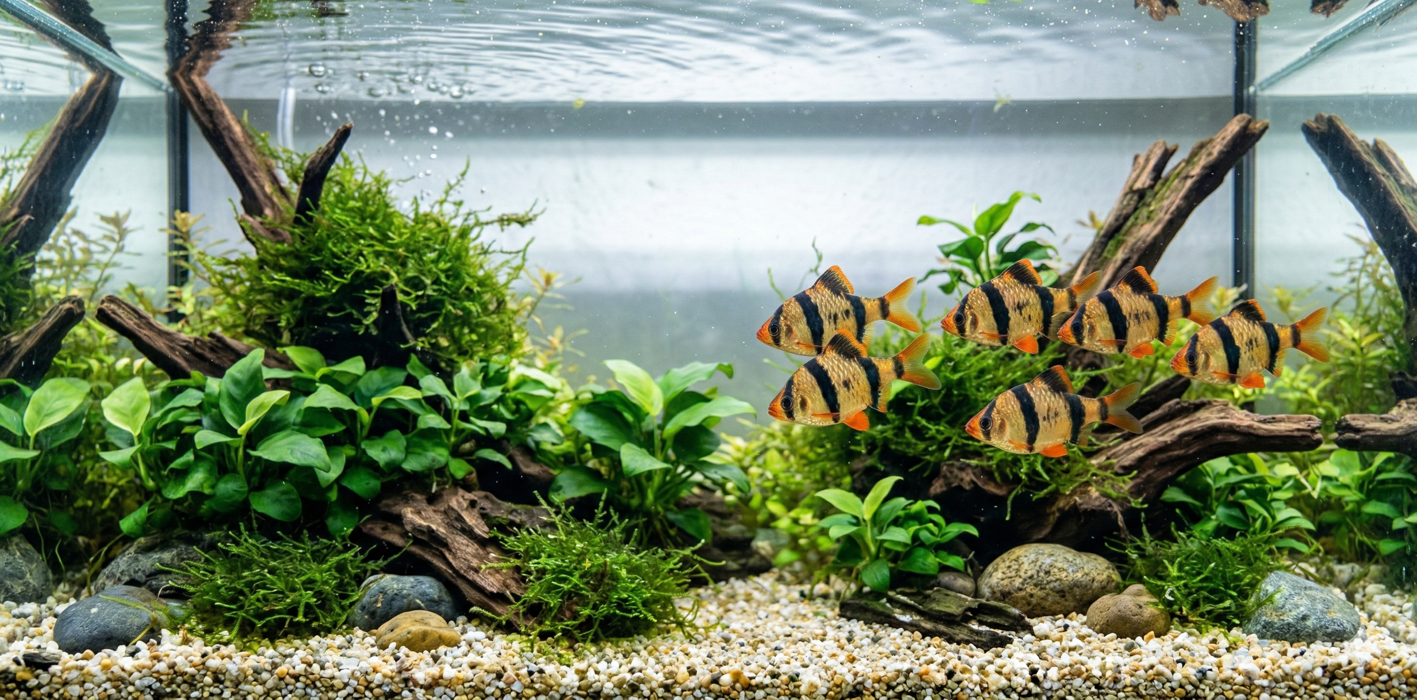 A wide, 2:1 panoramic photograph of an expansive planted freshwater aquarium floor, featuring a small school of dynamic Tiger barbs (identical to the fish in image_79.png) swimming together.
