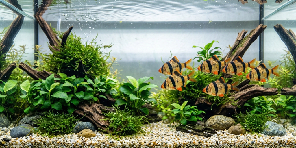 A wide, 2:1 panoramic photograph of an expansive planted freshwater aquarium floor, featuring a small school of dynamic Tiger barbs (identical to the fish in image_79.png) swimming together.
